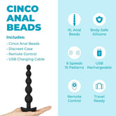 A hand holds the B-Vibe Cinco Beads XL Vibrating Anal Beads in black—featuring 5 graduated beads, powerful motors, body-safe silicone, remote control, 6 speeds, 15 vibration patterns, USB rechargeability, and a discreet travel-ready case.